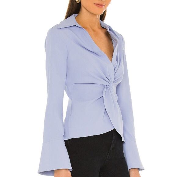 Cinq à Sept L McKenna Twisted Front Faux Leather Long Sleeve Top Hydrangea Blue - Picture 1 of 9